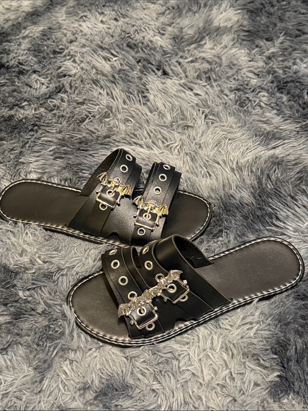 Women's Black Double-Strap Slide Sandals with Decorative Metal Accents
